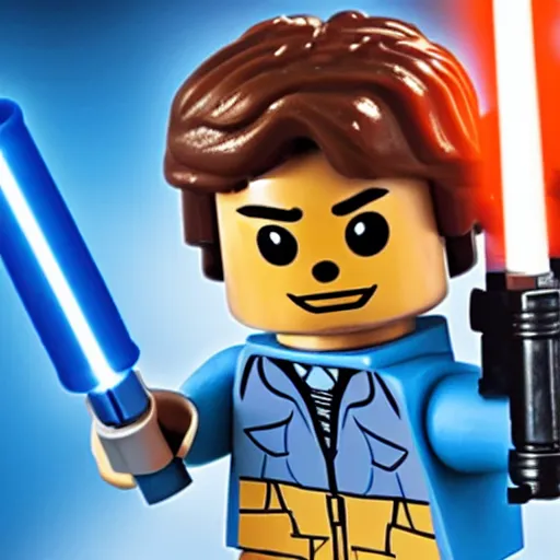 Image similar to han solo holding a blue lightsaber lego figure