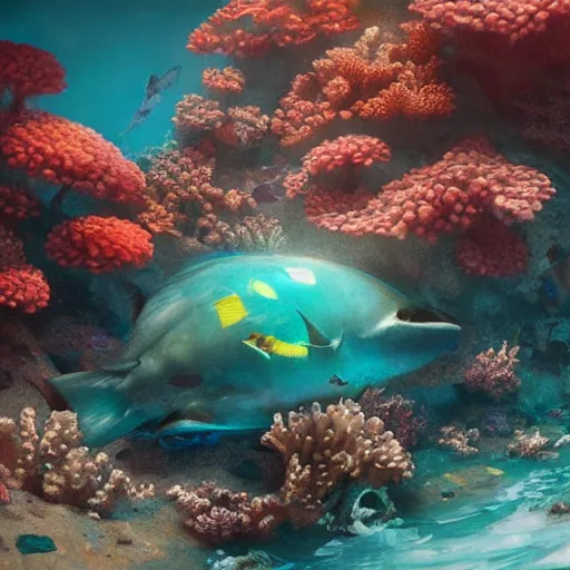 Image similar to beaufiful coral reef photorealistic painting, wlop, concept art, octane render, deviantart, greg rutkowski, cinematic, artstation, key art, hyperrealism