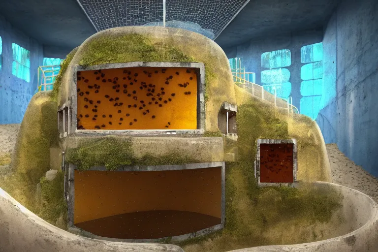 Image similar to favela simple jellyfish bunker honeybee hive, mission arts environment, industrial factory, soothing, award winning art, epic dreamlike fantasy landscape, ultra realistic,