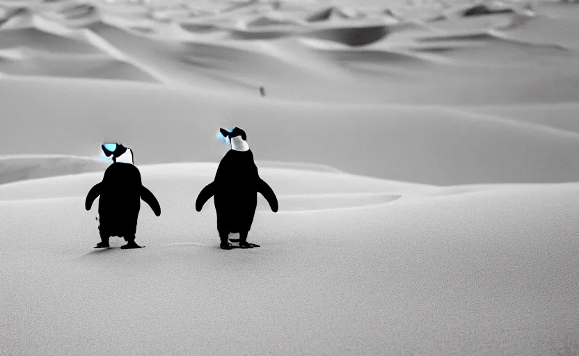 Image similar to confused penguins in sand dunes, photography