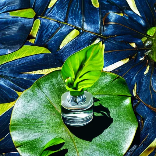 Prompt: perfume bottle sitting on a lilypad in the middle of a blue lake, close up shot, upfront, surrounded by tropical leaves, blurred tropical background, softly - lit, soft - warm, zen, light, modern minimalist f 2 0 clean