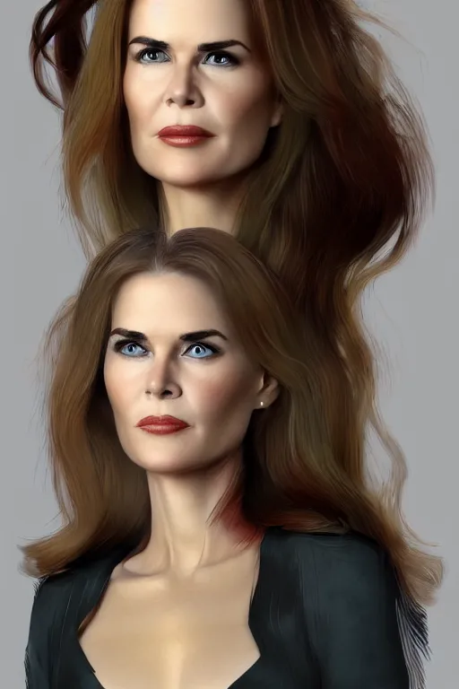 Image similar to mix of beautiful young maria shriver, mariel hemmingway, brooke shields, nicole kidman and elle macpherson as an alien creature, thin lips, hair tied up in a pony tail, dark blonde hair, colorful, artstation, cgsociety