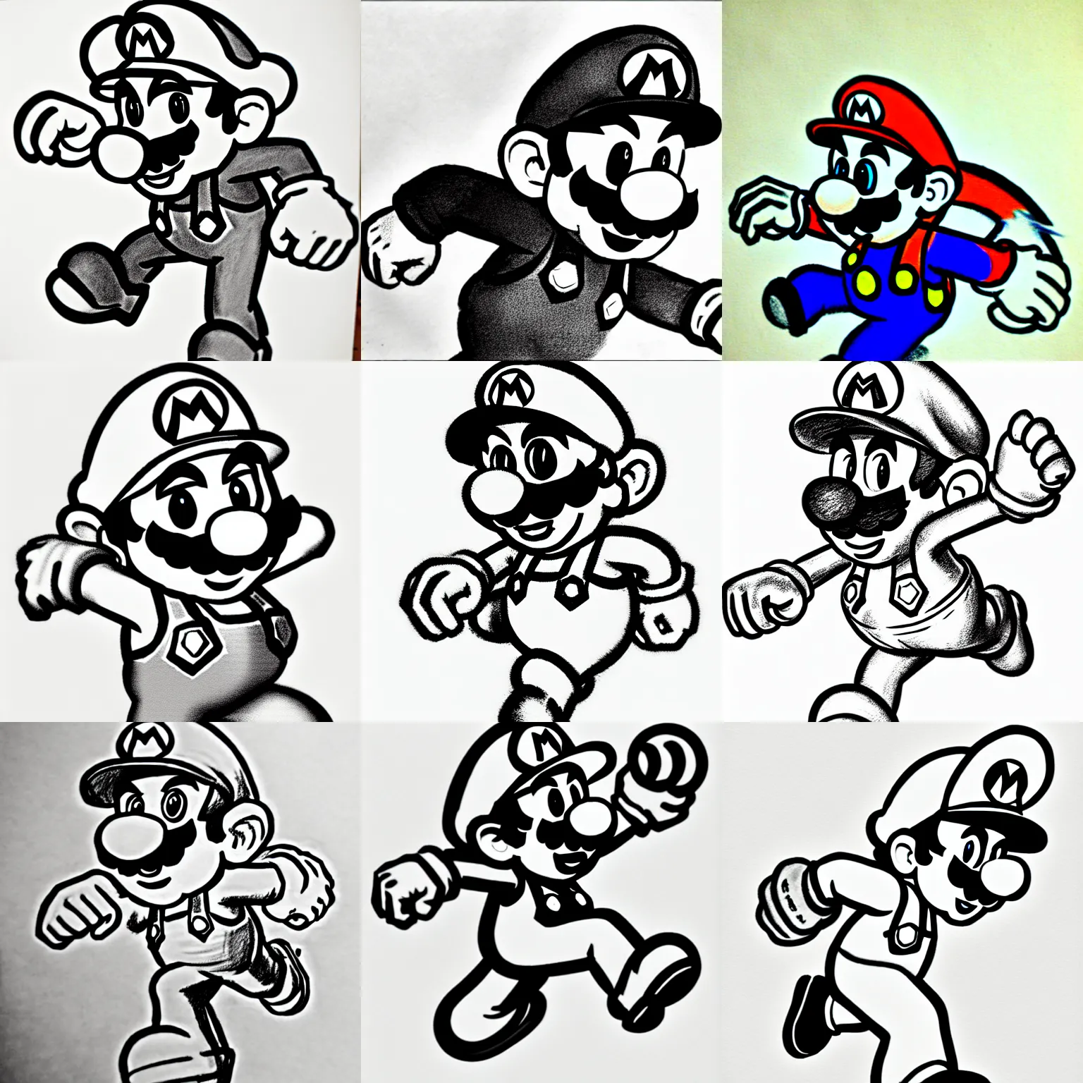 Prompt: epic shaded pencil sketch of super mario running, focused stare, striking detailed artstyle, monochrome, accurate colors, talented mangaka artist