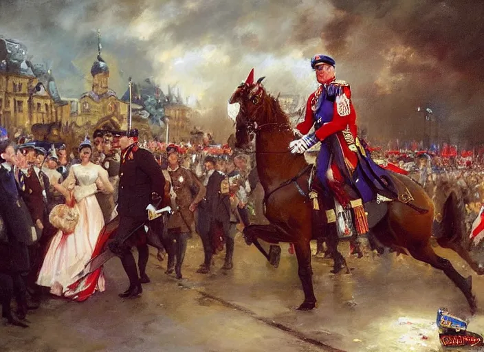 Image similar to prince charles doing a funny walk during the battle of berlin by wlop and vladimir volegov and alexander averin and delphin enjolras and daniel f. gerhartz