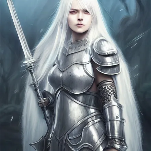 Image similar to fantasy art of beautiful woman warrior in plate armor, medium shot, white hair, very realistic, very detailed, cgsociety, anime, matte painting, intricate, by wlop