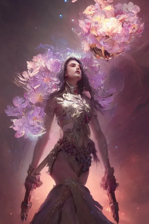 Image similar to beautiful girl necromancer covered with crystals exploding space, 3 d render, hyper realistic detailed portrait, holding magic flowers, ruan jia, wlop. scifi, fantasy, hyper detailed, octane render, concept art, peter mohrbacher