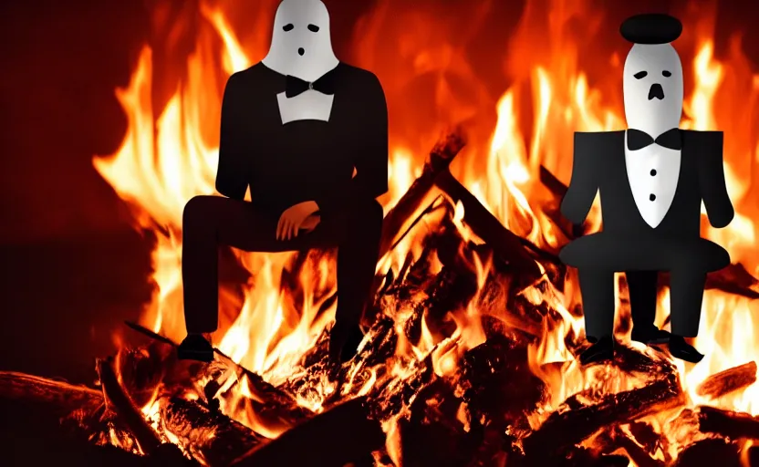 Prompt: a man wearing a tuxedo sitting in the middle of a bonfire, no face