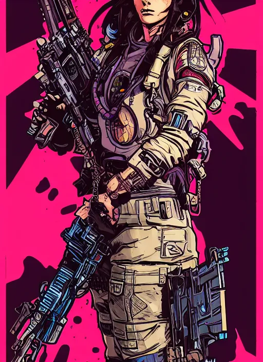 Image similar to maria. beautiful cyberpunk mercenary. portrait illustration, pop art, splash painting, art by ashley wood, alphonse mucha, laurie greasley and josan gonzales ( apex legends )