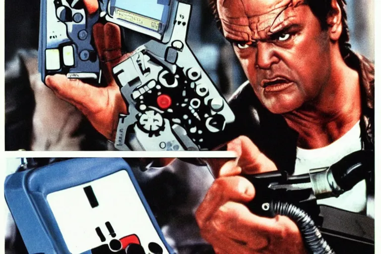 Image similar to Jack Nicholson as Terminator is playing with gameboy scene