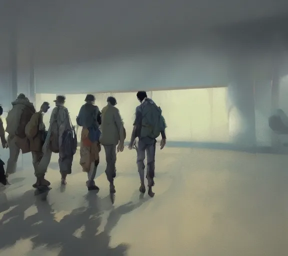 Prompt: five man going to the plane, close view, painting by craig mullins, octane rendering, soft morning lighting, wide angle lens, in the style of hayao miyazaki, trending on artstation,