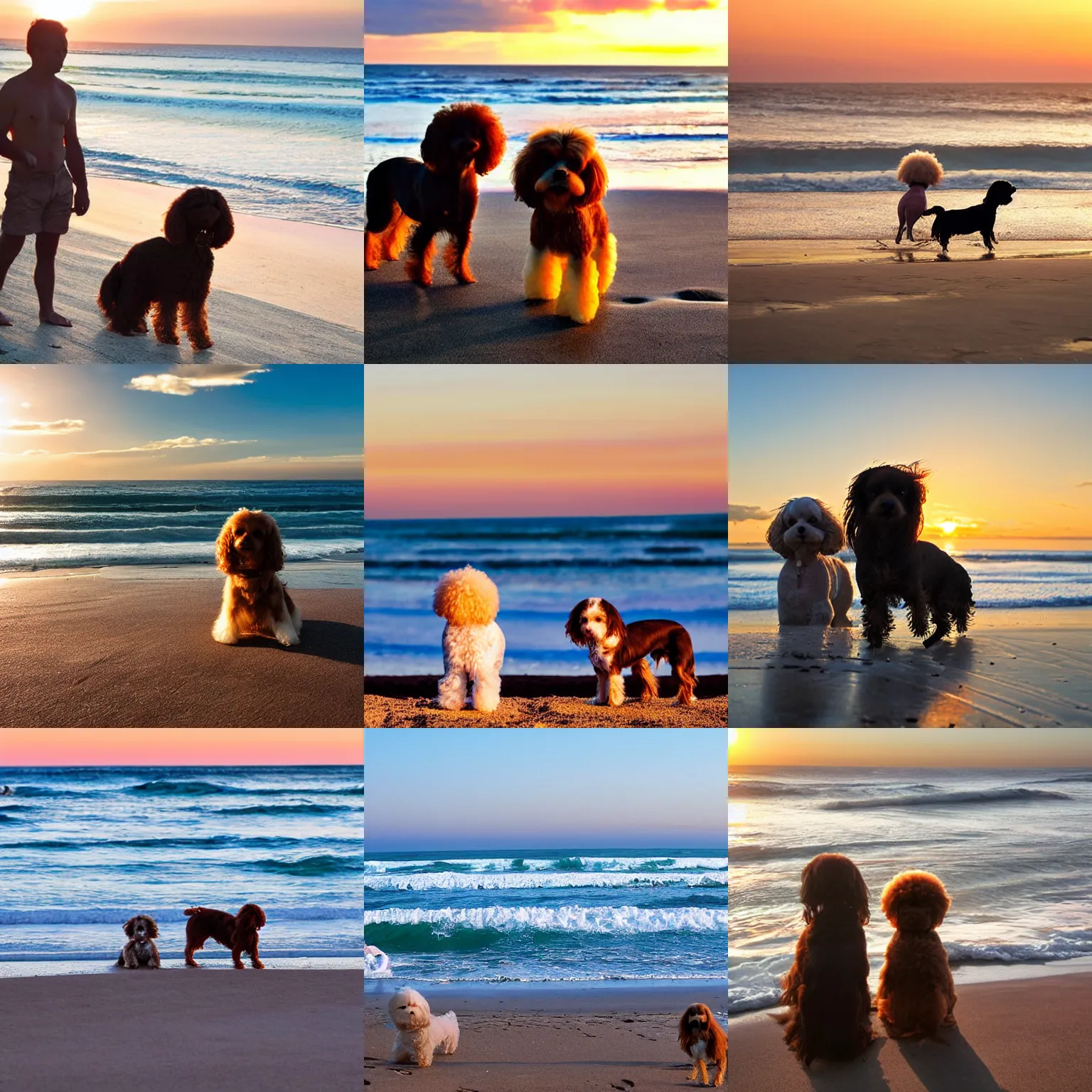 Prompt: a cute brown long haired chihuahua cocker spaniel and a bichon frise at the beach. sunset, surf.
