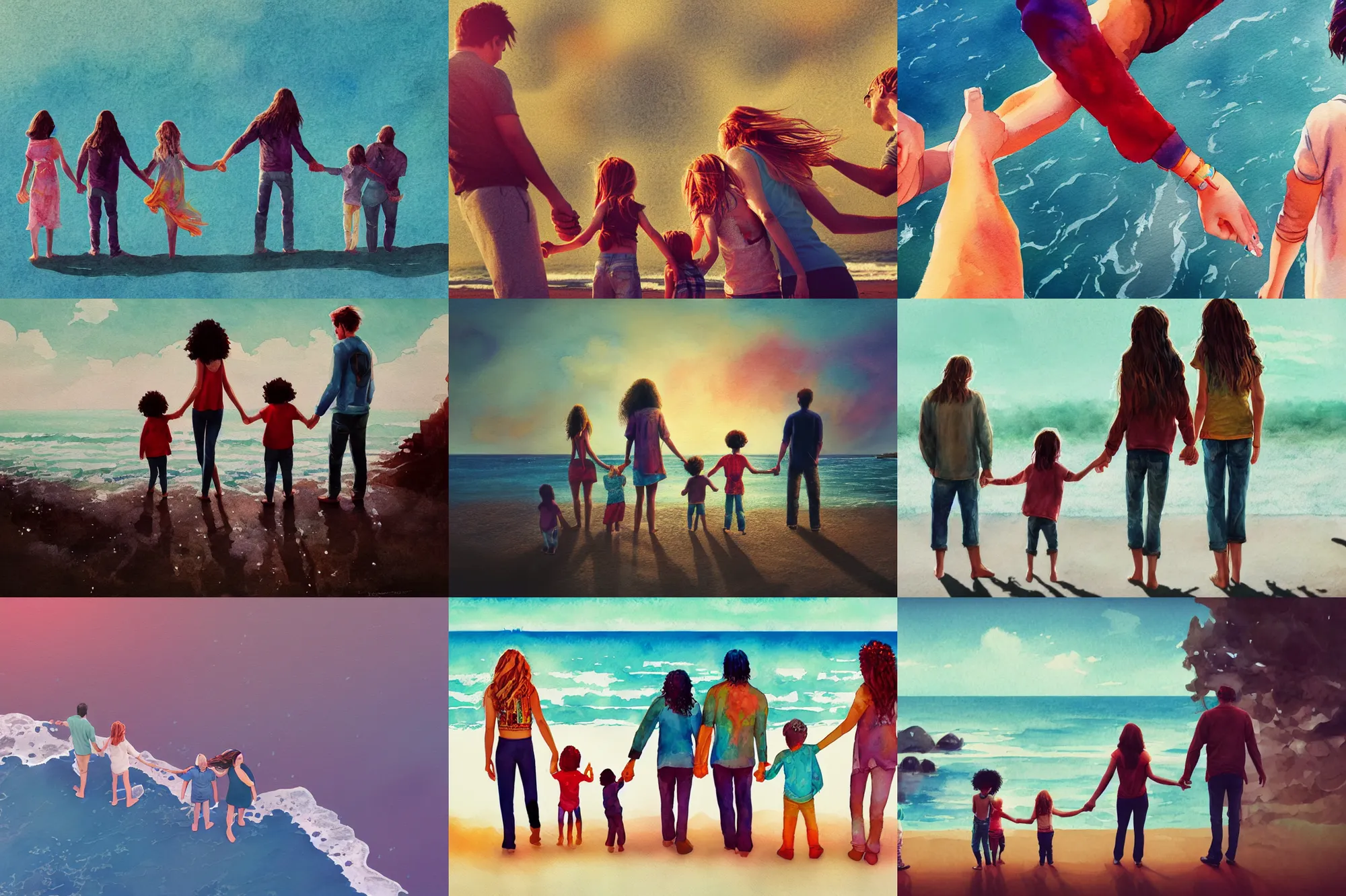 Prompt: hippie style family — woman, men, girl is taller, the boy is shorter, looking at the ocean holding hands, far - view, art, cinematic composition, octane render, high detail, 8 k, artstation trending, watercolor, artwork by tooth wu, colorful contrast, very coherent, thick lineart
