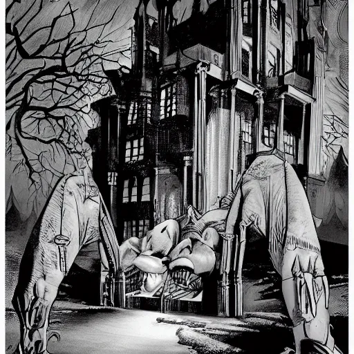 Image similar to A beautiful experimental art. It was a mansion of ghosts and monsters, with ghouls in the shadows and demons scuttling behind the wainscotting. by Joe Shuster, by Jim Burns elaborate