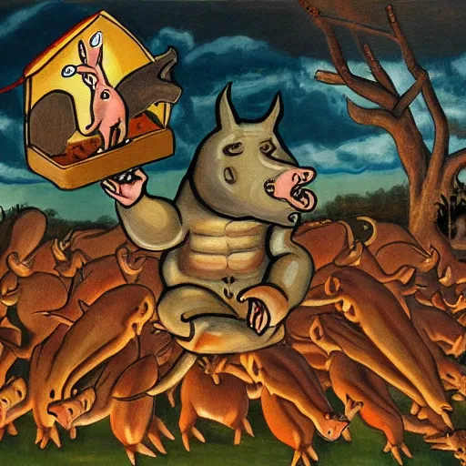 Image similar to an odd painting of a giant hog man summoning a mini devil pig while a rat army runs away