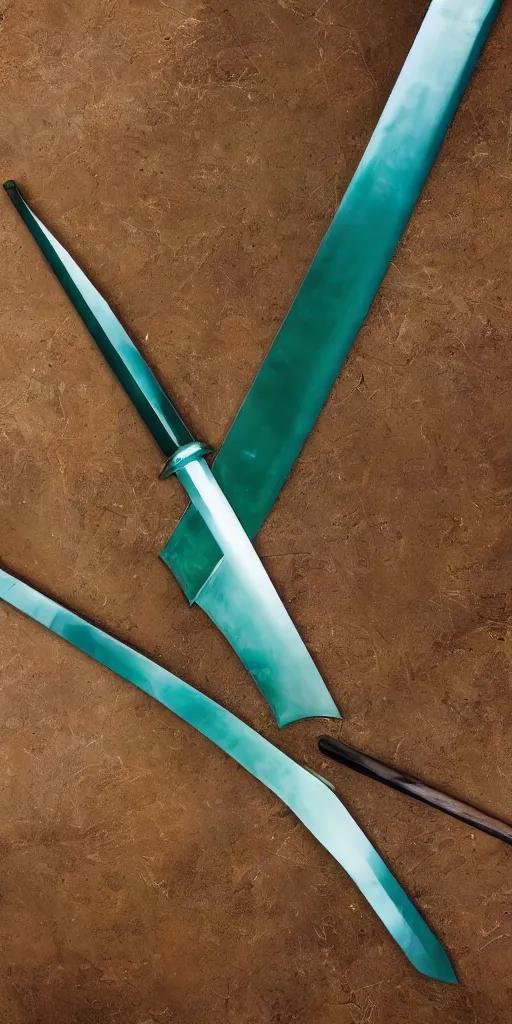 Image similar to photograph of a wide green and teal crystal sword blade attached to a big gold sword hilt
