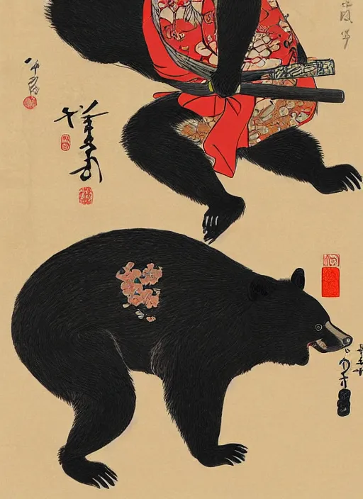 Image similar to a full body ukiyo-e portrait of a fully armored samurai Asian black bear, playing with a young Japanese girl in a kimono, a cat at the bottom, intricate, elegant, highly detailed, digital painting, artstation, concept art, smooth, sharp focus, illustration, art by Andō Hiroshige