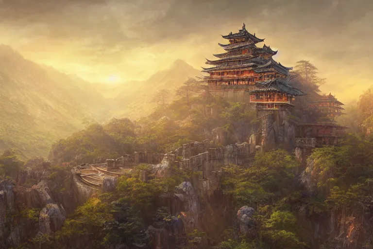 Image similar to cinematic lighting fantasy painting, an ancient land, sunset and ominous shadows over the kingdom, valleys and farmland and villages, brutalist cement shiro himeji rivendell palace, garden of eden by jessica rossier