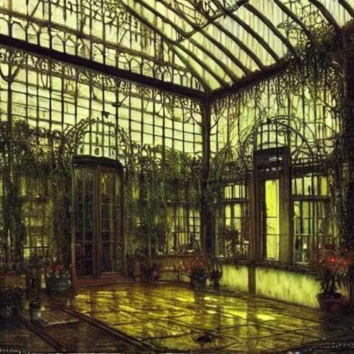 Image similar to a beautiful painting of an eerie hovering ghost inside a large overgrown victorian greenhouse with large windows, warm lights, evening, stunningly beautiful art nouveau architecture, by john atkinson grimshaw