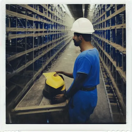 Image similar to a polaroid photo of man doing sort things into sort machines in sortation center warehouse, he's wearing blue cloth and construction hat,, photo from behind, highly details, perfect face shape, cinematic lighting,