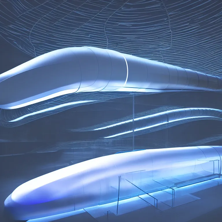 Prompt: transparent long dark blue plastic hyperloop by zaha hadid, space capsule with ray tracing glowing in the dark, dark moody monochrome colors,