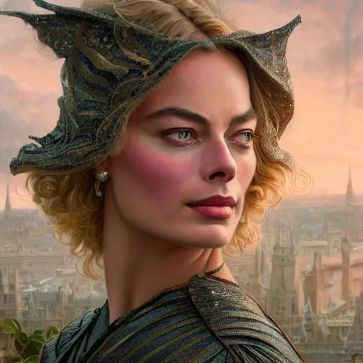 Prompt: a very detailed Magic portrait painting of Margot Robbie, a very detailed fantasy city background, a very detailed dramatic sky, light particles, environment drawn by Donato Giancola and Tom Bagshaw, Edmund Leighton, character design by Alphonse Mucha, 4k, volumetric lighting, komorebi, award winning, octane render, hyperrealistic