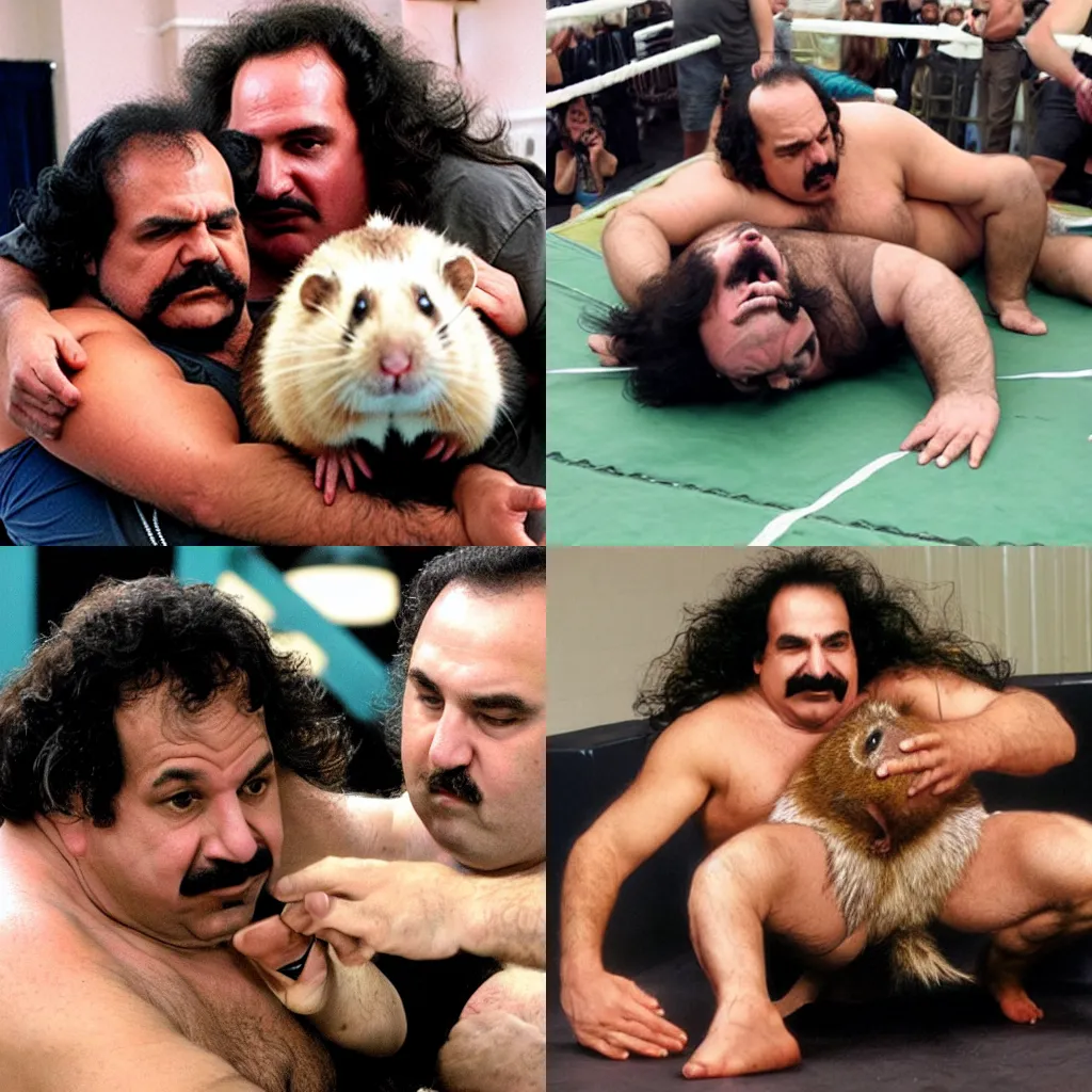 Prompt: Ron Jeremy wrestling a giant hamster