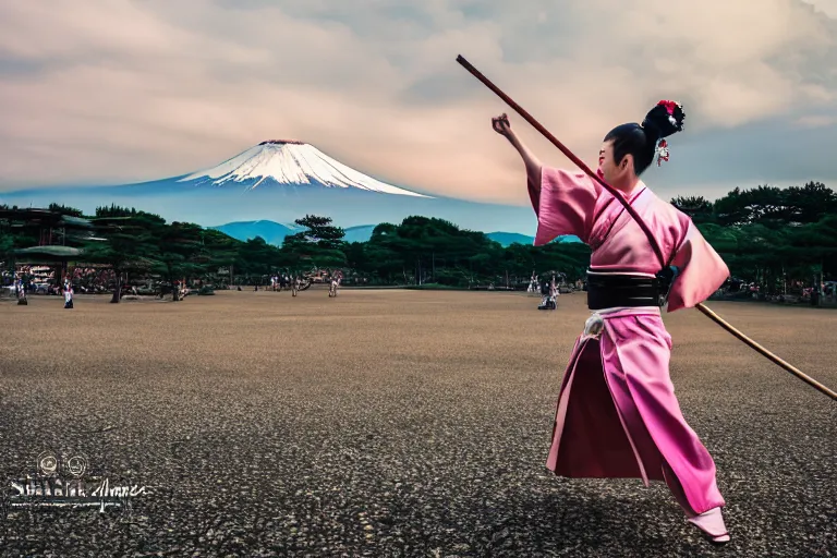 Prompt: beautiful photo of a geisha samurai warrior, mt fuji in the background, mid action swing, muted pastels, action photography, 1 / 1 2 5 shutter speed, back lit lighting