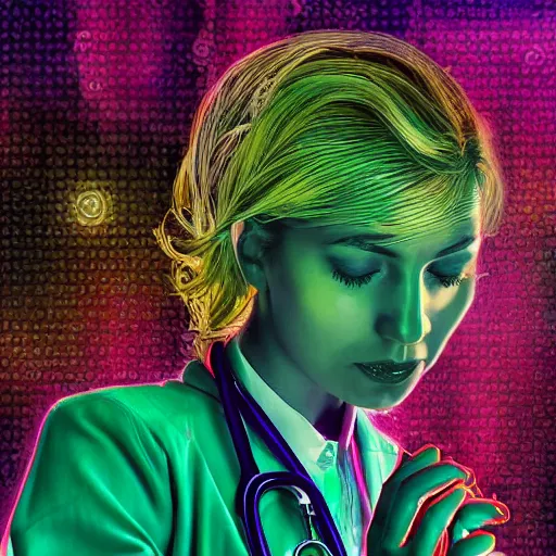 Prompt: a female doctor checking her smartphone. a majestic portrait of a computer algorithm with heart and brain and soul connected to the computer cloud using digital energy beams. digital painting, high detail, 8 k, intricate ornamental details, avant garde, vibrant iridescent colors, green magenta and gold