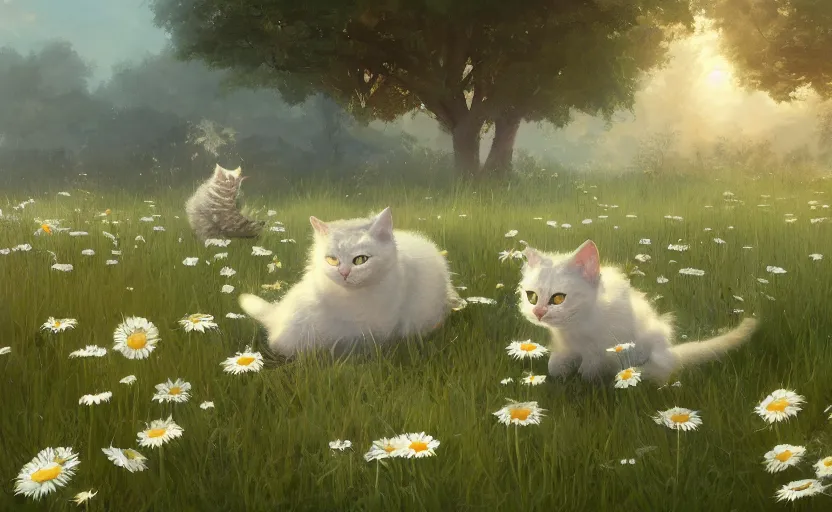 Image similar to cats and daisies, painting by craig mullins, octane rendering, soft morning lighting, wide angle lens, in the style of hayao miyazaki, trending on artstation,