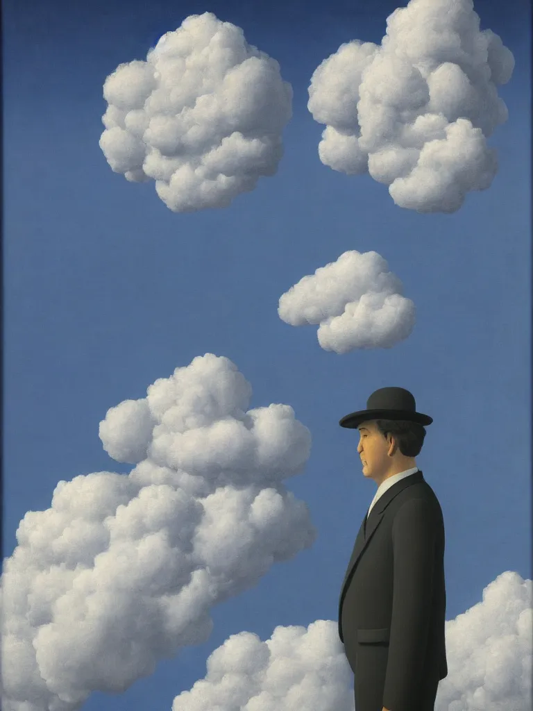 Image similar to portrait of a cloud man by rene magritte, detailed painting, hd, hq, high resolution, high detail, 4 k, 8 k