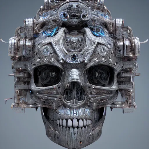 Image similar to cybernetic deity with circuitry structure skull and networked mind, intricate detail, royo, whealan, giger, hd, 8 k, octane render, unreal engine,