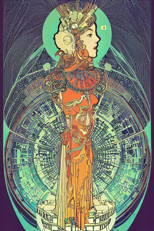 Prompt: queen of the robots by greg rutowski , victo ngai , alphonse mucha