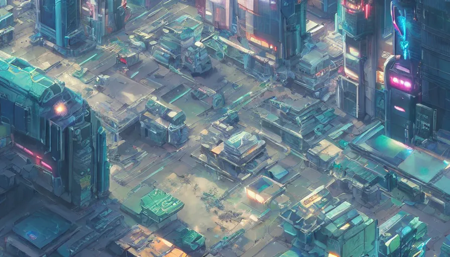 Image similar to A highly detailed digital art painting of a distopian cyberpunk indistrial site by Studio Ghibli, Makoto Shinkai, by Artgerm, by beeple, volumetric lighting, octane render, 4K resolution, trending on artstation, masterpiece, vivid colours