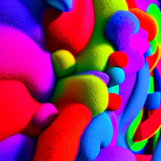 Image similar to : colorful abstract hyperbolic fuzzy sculpture on the wall in modern architecture, cinematic lighting, hyper - realistic, detailed, render by c 4 d octane, unreal engine, 8 k 3 d render