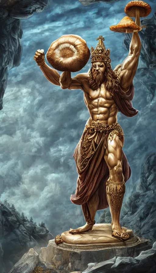 Image similar to a masterpiece hyperdetailed dnd tarot card, magnificent mushroom deity as depicted in a colossal greek marble statue ( with godlike bodybuilder physique ), hd tarot card depicting monumental statue of a dignified mushroom god with cute large mushroom hat, hdr, 8 k, artstationhq, digital art