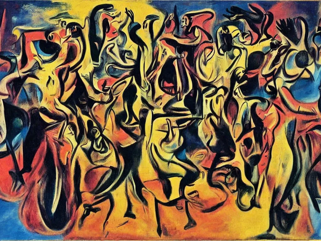 Prompt: surreal, tribal dance, art by willem de kooning, dali