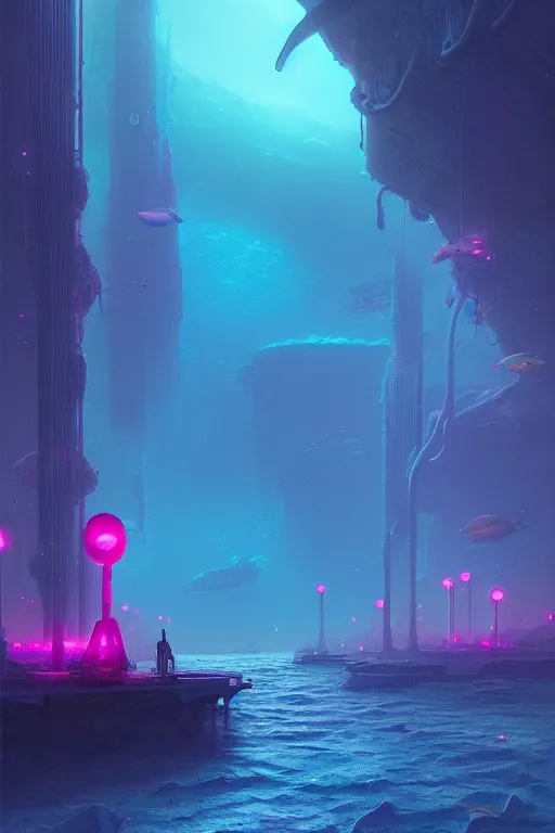 Image similar to emissary futuristic underwater city with pink street lighting, bioluminescence tides, by tim blandin and arthur haas and bruce pennington and john schoenherr, cinematic matte painting, zaha hadid building, photo realism, dark moody color palate, blue hour stars, desolate glacial landscape,