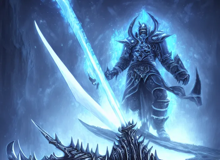 Image similar to the lich king with his mourneblade sitting on the frozen throne artwork by mendoza eddie, trending on artstation