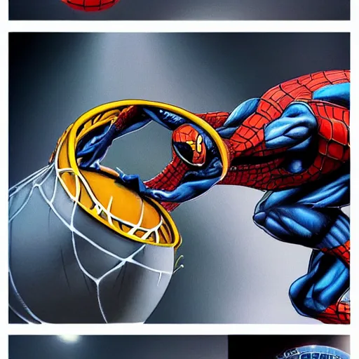 Prompt: highly detailed art of venom dunking a basketball into a loop over spider man, ultra realistic, trending in artstation