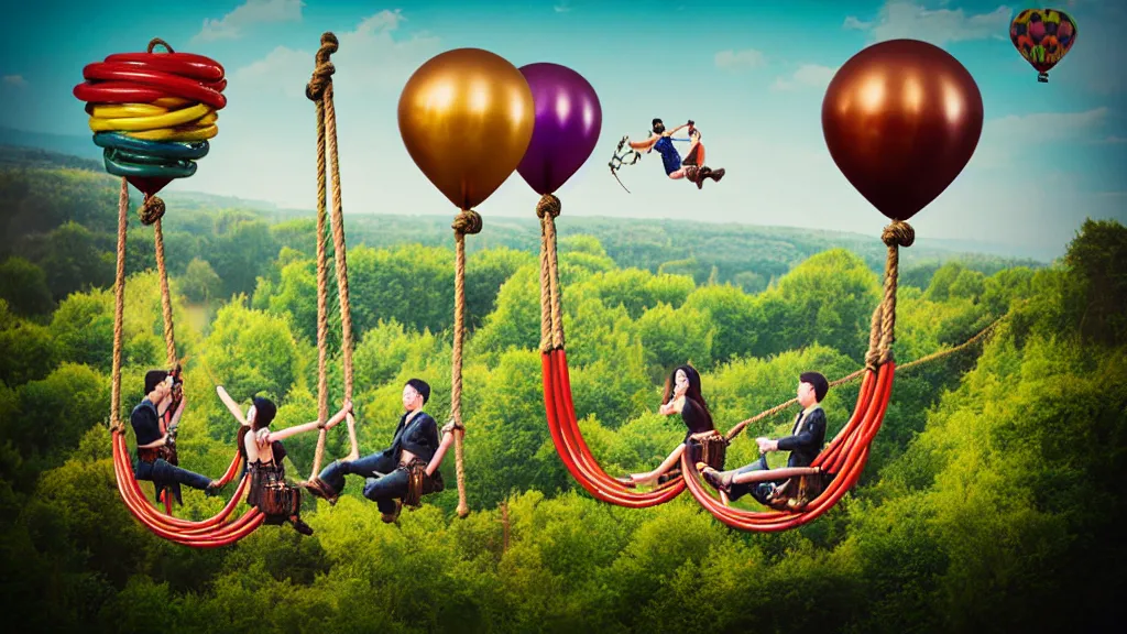 Image similar to large colorful steampunk balloons with people on rope swings underneath, flying high over the beautiful countryside landscape, professional photography, 8 0 mm telephoto lens, realistic, detailed