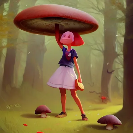 Image similar to goro fujita ilustration a cheerful girl collecting mushrooms in the forest, characterized by masamune shirow and greg rutkowski, character art, focus, highly detailed, artstation