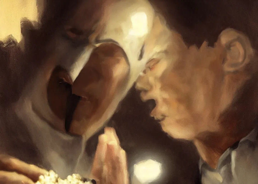 Image similar to dynamic portrait painting of Michael Myers sitting in a movie theater eating popcorn, sharp focus, face focused, trending on ArtStation, masterpiece, by Greg Rutkowski, by Ross Tran, by Fenghua Zhong, octane, soft render, oil on canvas, moody lighting, high contrast, cinematic, professional environmental concept art