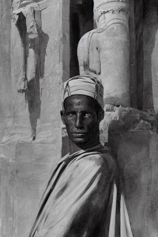 Image similar to a closer hero portrait of a live nubian temple guard in old egypt. masterpiece, dramatic light and shadow, saturated colors, ciaroscuro. painted by anders zorn