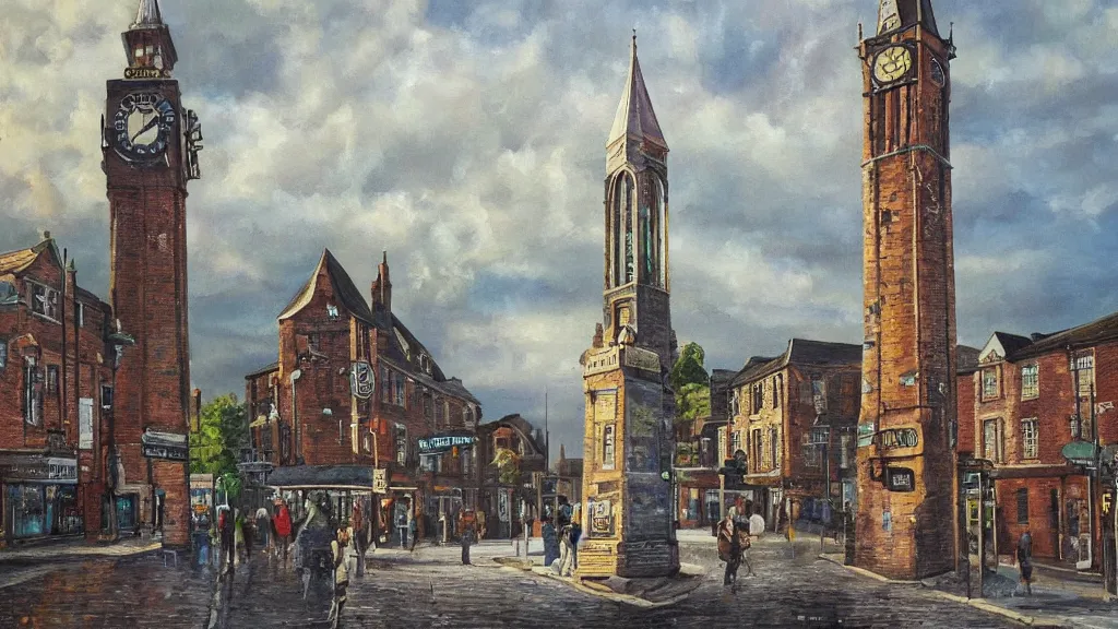 Prompt: Royton clock tower in Oldham, highly detailed oil painting, epic fantasy art, abstraction, masterpeice, 8k