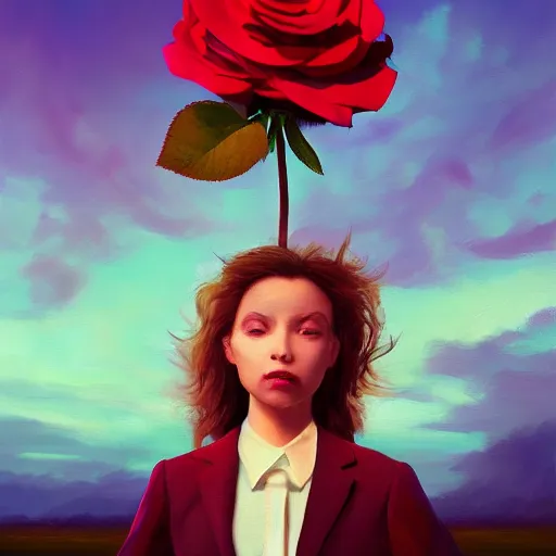 Prompt: closeup, large rose flower head, frontal, girl in a suit, surreal photography, sunrise, blue sky, dramatic light, impressionist painting, digital painting, artstation, simon stalenhag