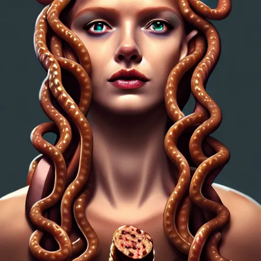 Image similar to medusa with sausages instead of snakes, sausage hair, photorealistic, illustration, intricate details, masterpiece, digital art, trending on artstation