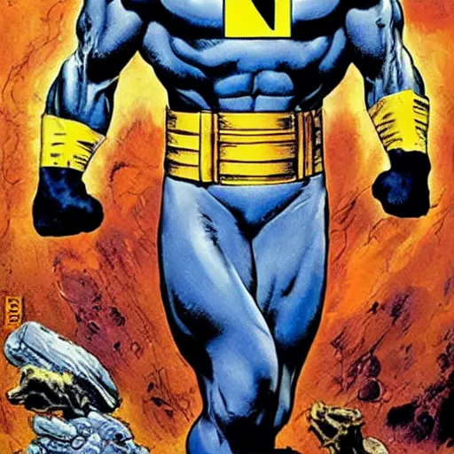 Image similar to painting by Frank Frazetta of Christian Bale as Dr. Manhattan in Watchmen