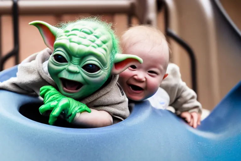 Image similar to photo of Baby Yoda going down a slide at a children’s playground, his arms are in the air and he’s smiling, shallow depth of field, Nikon 50mm f/1.8G,