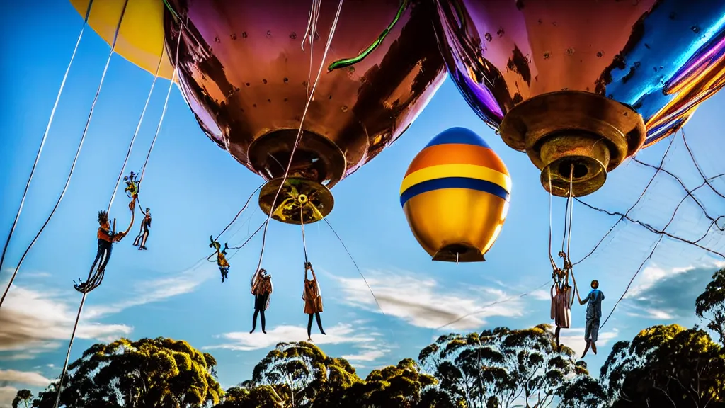 Prompt: large colorful futuristic space age metallic steampunk balloons with pipework and electrical wiring around the outside, and people on rope swings underneath, flying high over the beautiful brisbane in australia city landscape, professional photography, 8 0 mm telephoto lens, realistic, detailed, photorealistic, photojournalism