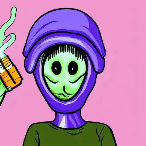 Image similar to alien with a purple wool cap an oversize t-shirt smoking a joint digital art